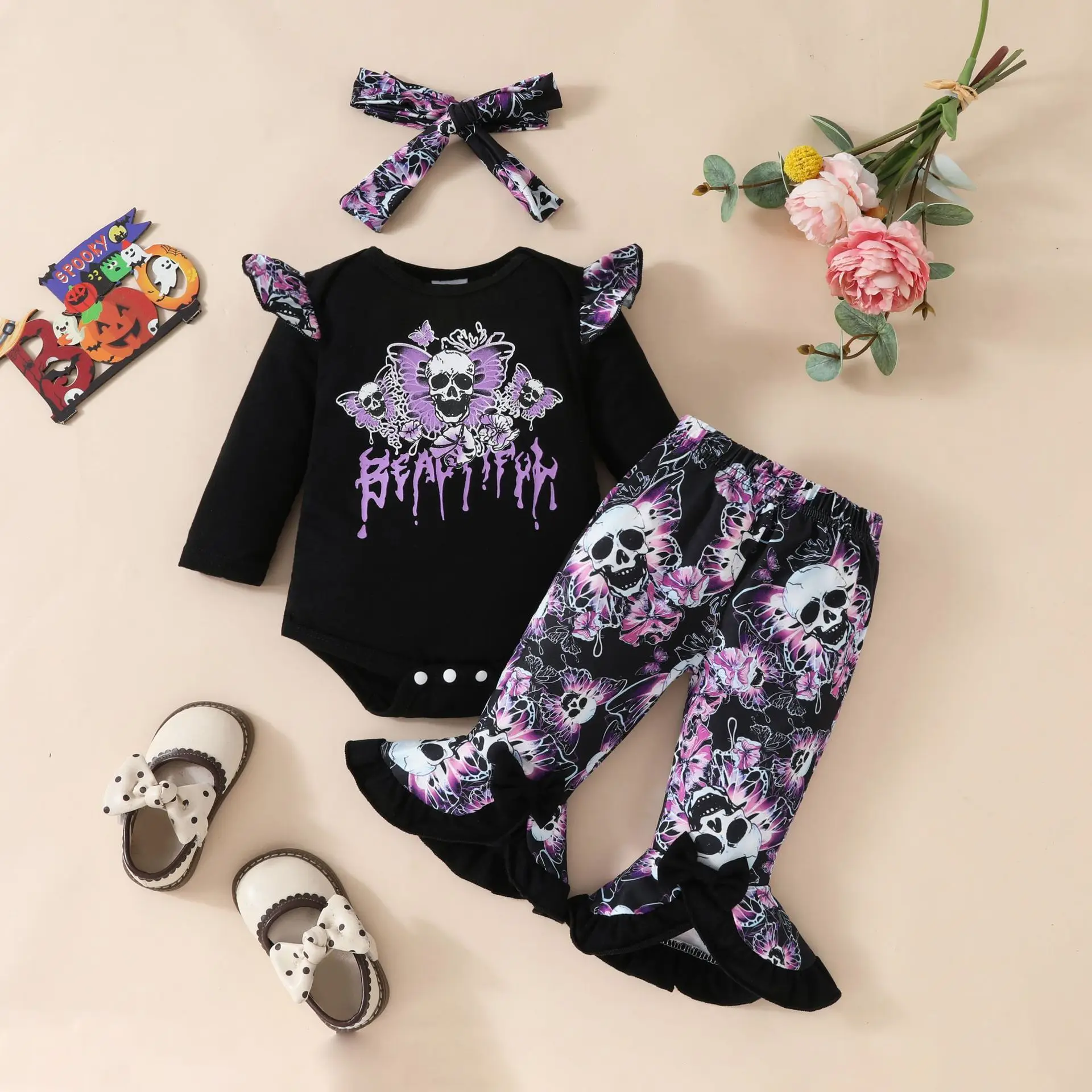 Baby Halloween Triangle Climbing Suit +  Flared Pants + Headband Set Girl Fashion Printed Skull Butterfly Letter Clothing Trend