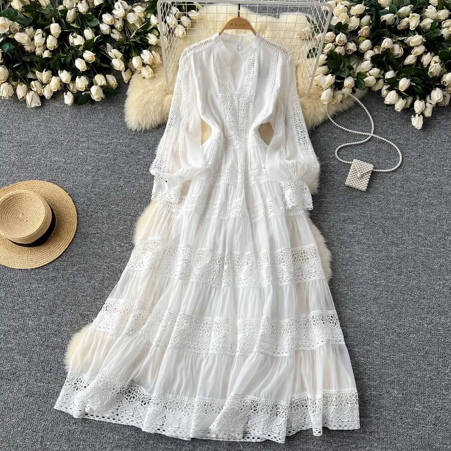 

Runway Autumn Embroidery Lace White Long Dress Shirt Women Elegant Fashion A Line Party Evening Vestidos