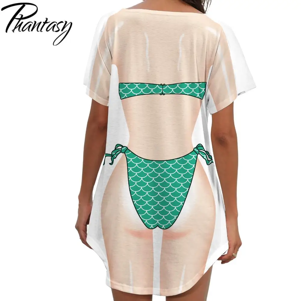 Phantasy Summer Mermaid Bikini Body Print Cover Up Dress Loose Casual T-Shirt Women's Bikini Printed Beach T-Shirt Dress