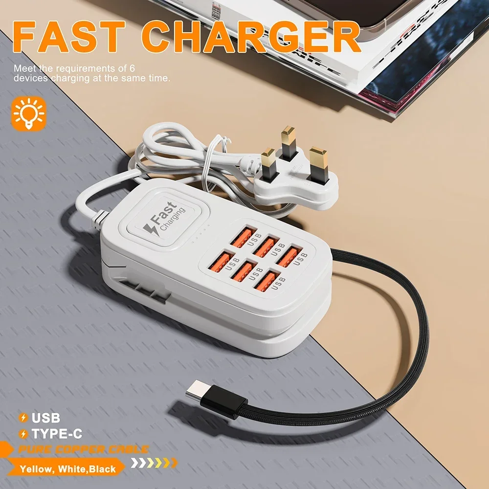 6-in-1-Desktop-USB-Ladestation, Typ-C-Schnellladegerät, Telefonladegerät, Mehrfachsteckdosenleiste für iPhone, Samsung, Xiaomi, EU/US/UK-Stecker – Detail 4