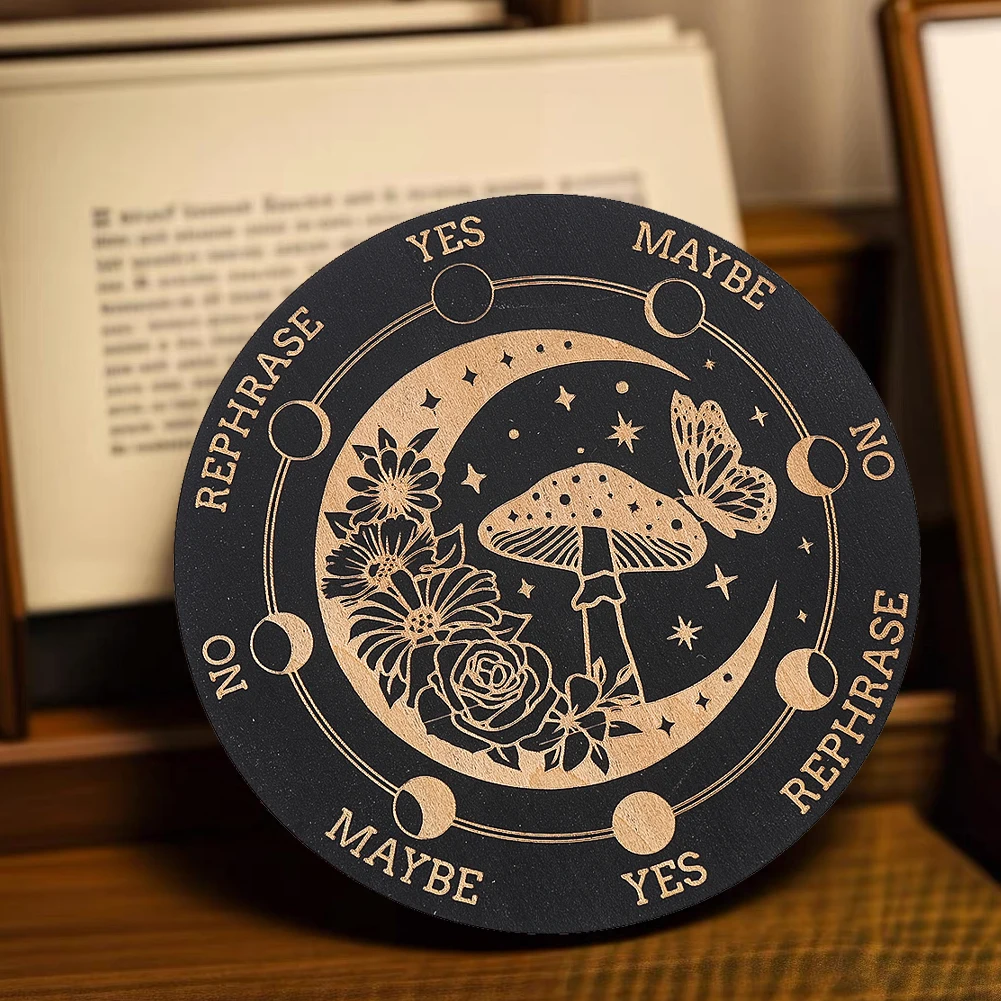 Tablero de madera redondo negro grabado con láser de 15cm, tapete para taza, juego de péndulo, tablero de adivinación, tablero de meditación energética para Yoga, decoración de escritorio