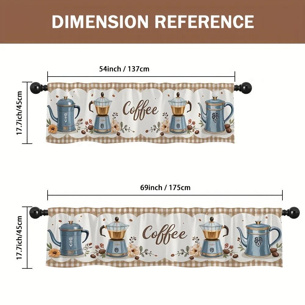 VIKAMA Coffee Valance Curtain, French Press Bean Design Semi Sheer Light Filtering Window Treatment for Kitchen Cafe