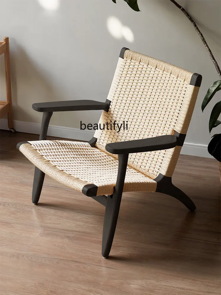 

zq Single Sofa Recliner Rattan Balcony Leisure Chair Household Solid Wood Lazy Armrest Nordic Rope Woven Bed & Breakfast