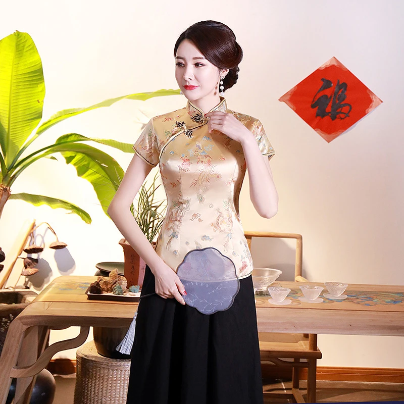 

Vintage Novelty Qipao Top Traditional Mandarin Collar Tang Style Shirt Chinese Evening Party Costume Female Elegant Cheongsam