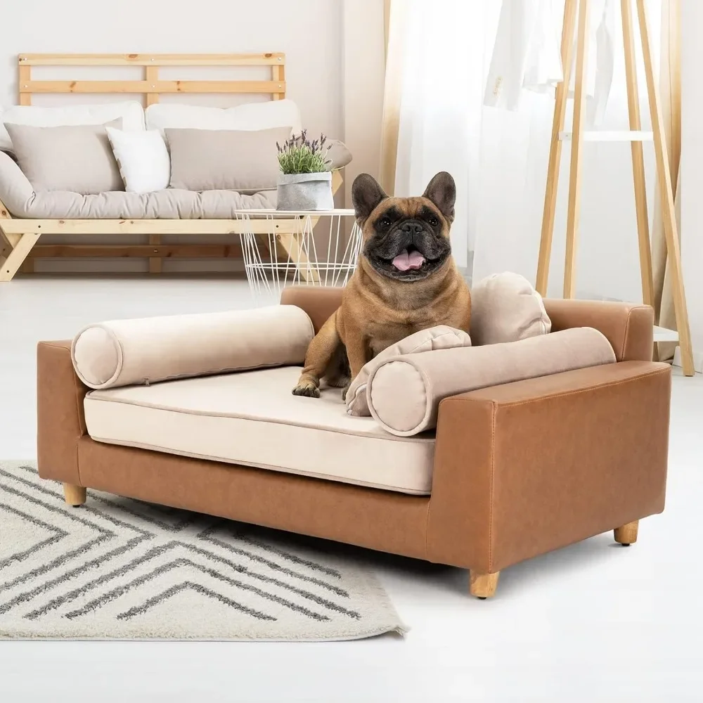 Luxuriöses Hundeschlafsofa, luxuriöse 42-Zoll-Haustiercouch aus Leder für große Hunde, waschbares Samtkissen, stabiles Holzrahmen, Hundebett