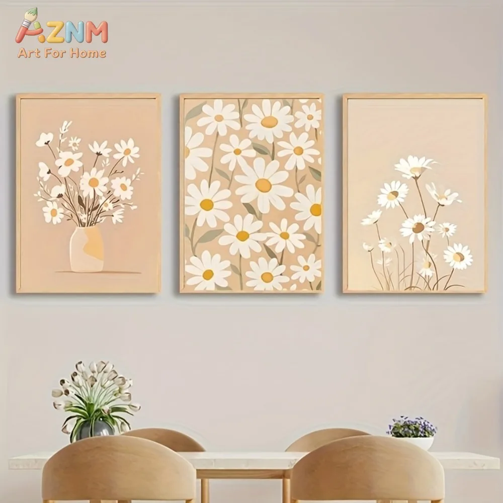 3PCS Beige Daisy Flower Canvas Wall Art Prints Set, Minimalist Floral in Vase Boho Artwork Posters, No Frame Neutral Aesthetic W