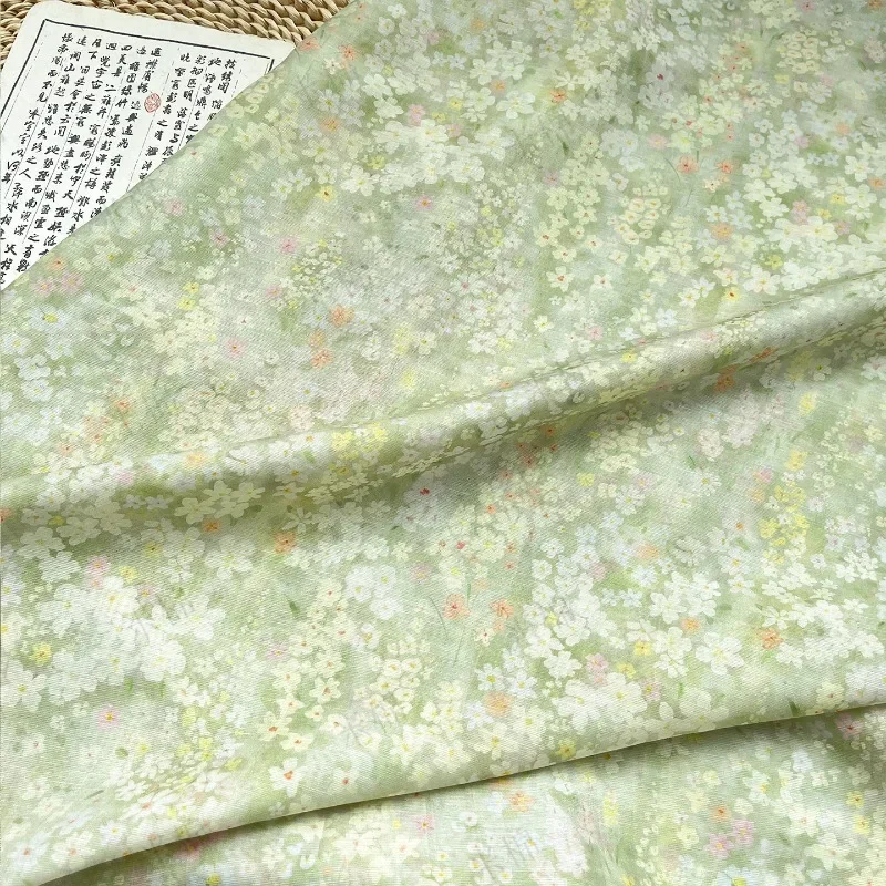 L100cm X W150cm Spring Moss Flowers Chinese Style Linen Chiffon Fabric Hanfu Blouse Qipao Dress DIY Handmade Fashion Breathable