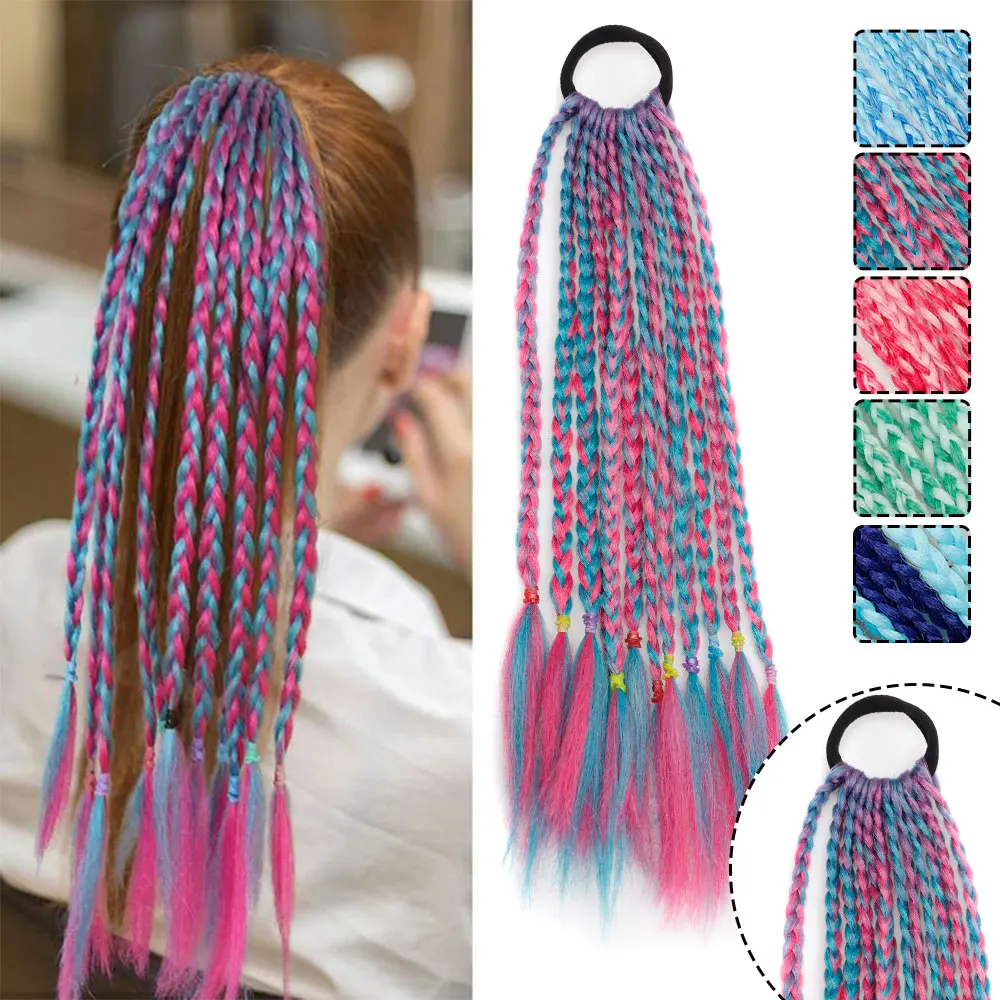 

1 PC Synthetic Girls Colorful Braids Hair Extensions Ponytail Headbands Rubber Bands Kids Hair Accessories Princess Headwear