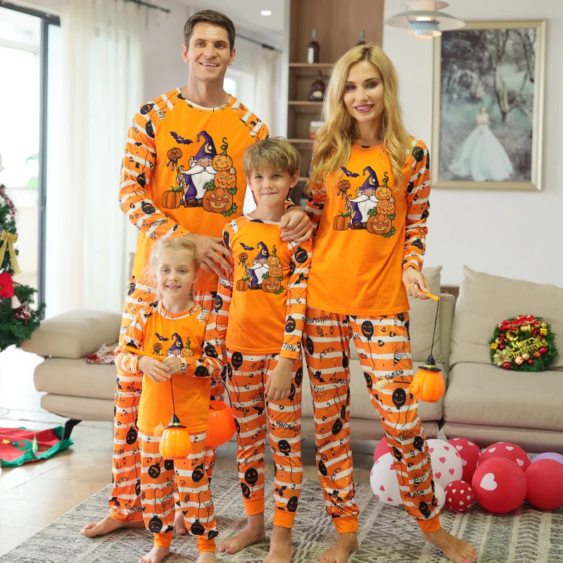 

Family of 8 Home Clothes Halloween Adult Kids Pajamas Sets for Dad Mom Daughter Son Orange Cartoon Print Sleepwear Suit Clothing