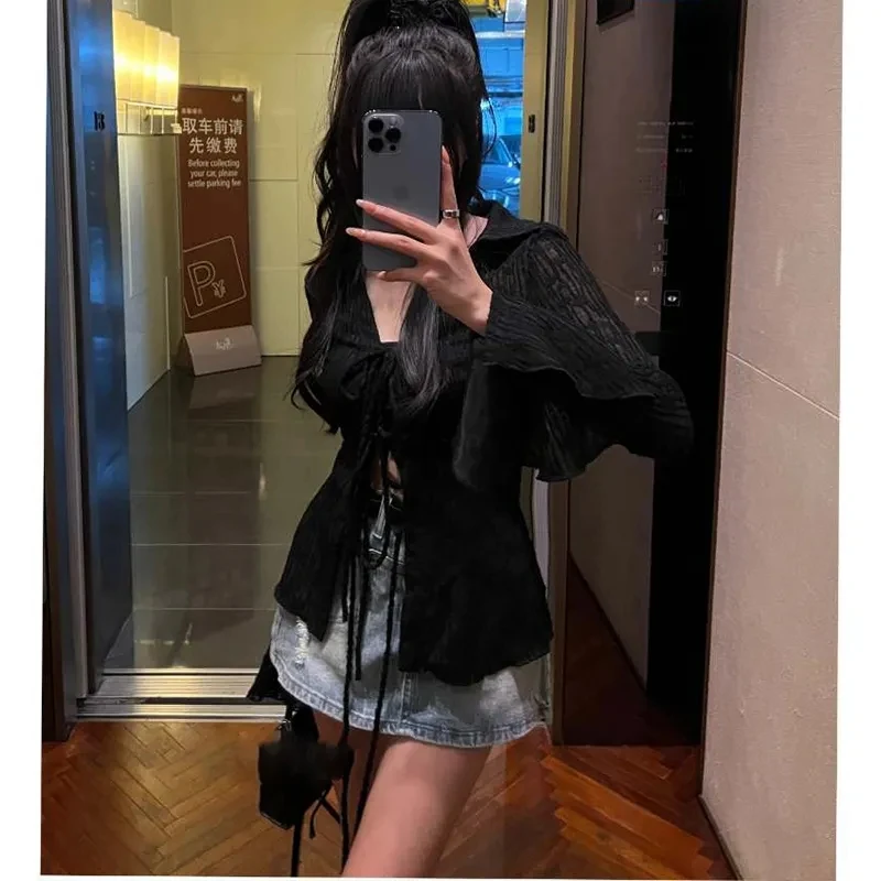 Women Blouses Sexy Sunscreen Thin Crop Tops Y2K Female Vintage Gothic Lace Shirt Black Flare Sleeve See-through Black Cardigan