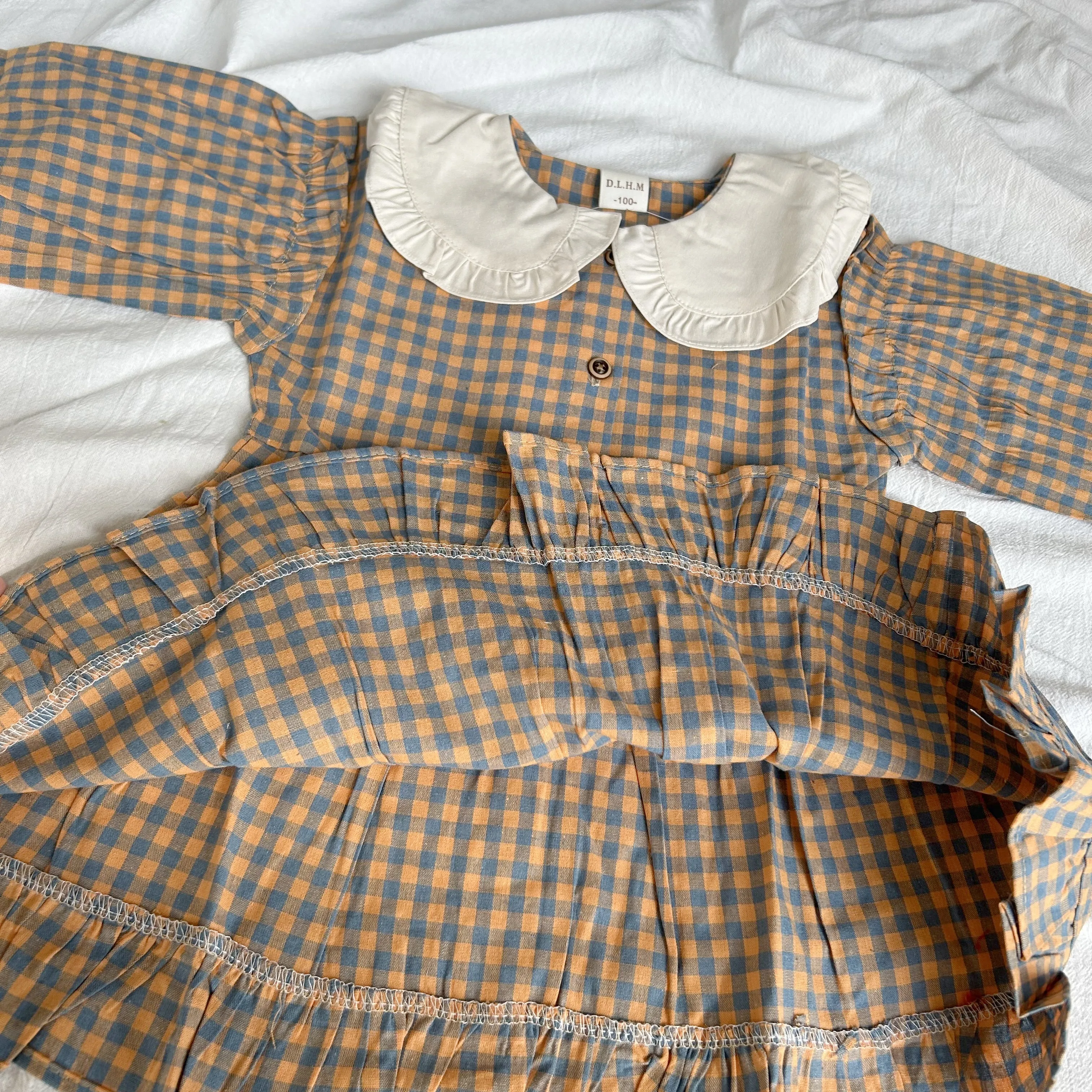 New Spring Girls Clothing Cute Children Dresses Kids Baby Girl Plaid Cotton Linen Lapel Collar Dress Long Sleeve Skirt