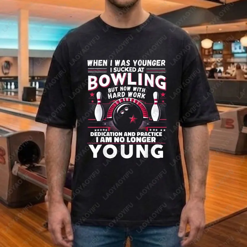 "Me Waiting for The Ten Pin To Fall" Slogan Funny Skeleton Bowling Graphic T-shirt 100% Cotton Short Sleeve Sports Casual Tshirt view 6