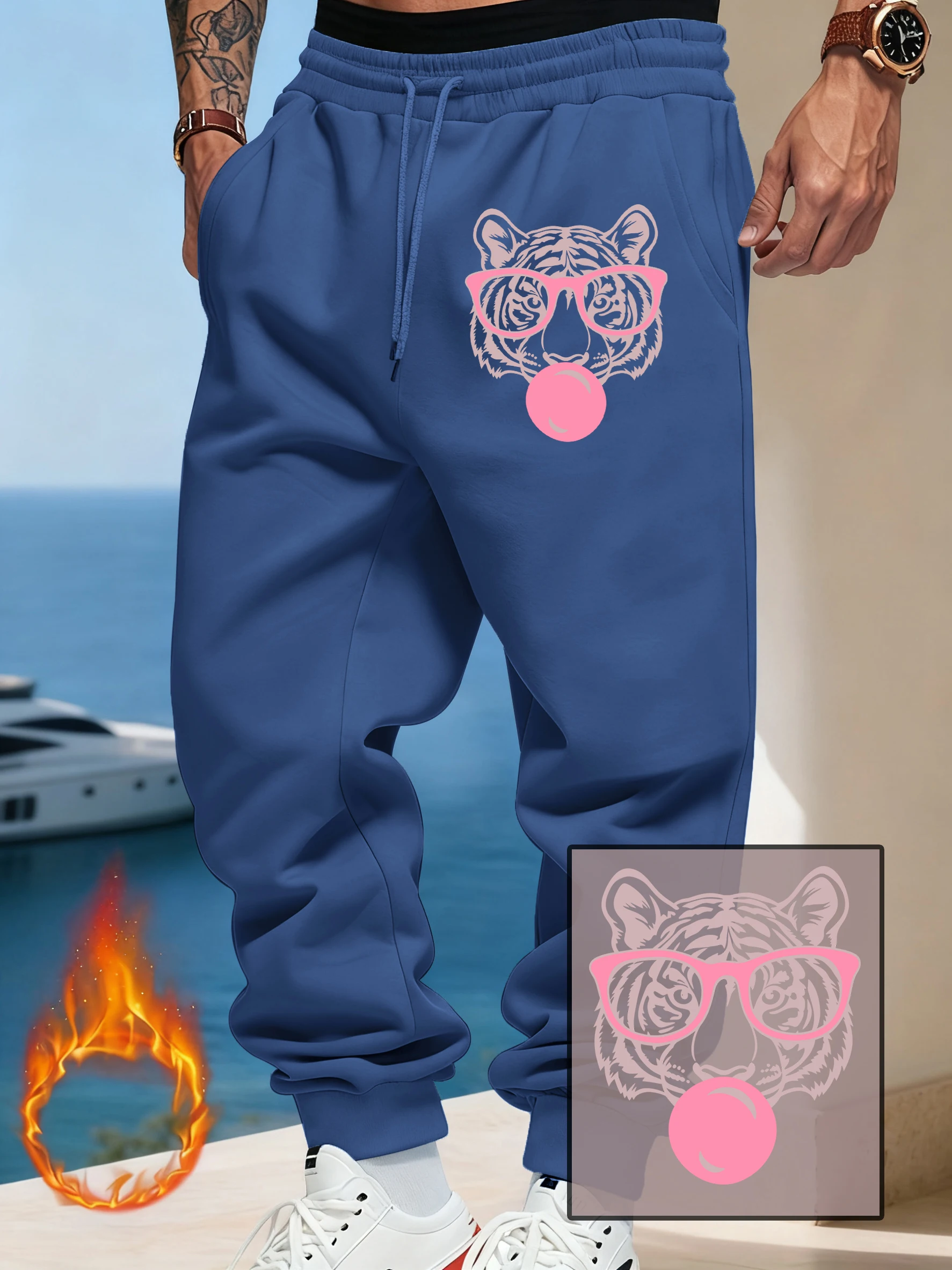 The Tiger Blowing Bubbles Print Men'S Sweatpant Street Fleece Jogging Pant Autumn Casual Pants Pocket Comfortable Sportpant