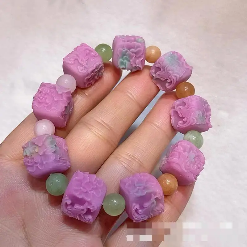 Pink Stone Block Bracelets Men Women Healing Gemstone Fine Jewelry Genuine Natural Yanyuan Agate Carved Flower Bracelet Bangles