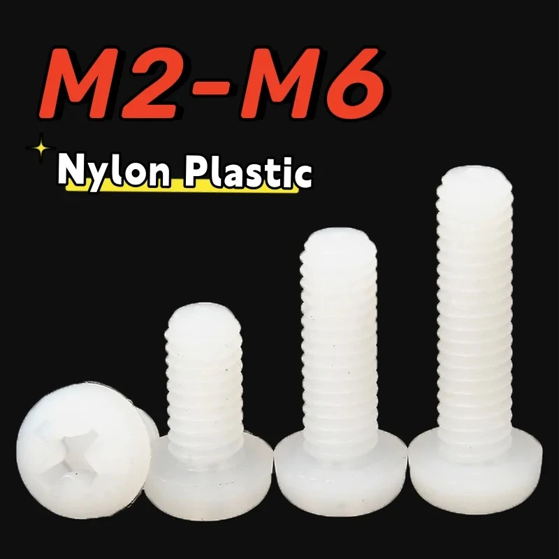 30-100pcs Nylon Plastic Phillips Pan Head Screws White M2 M2.5 M3 M4 M5 M6 Insulated Cross Round Head Bolt L=4mm-30mm