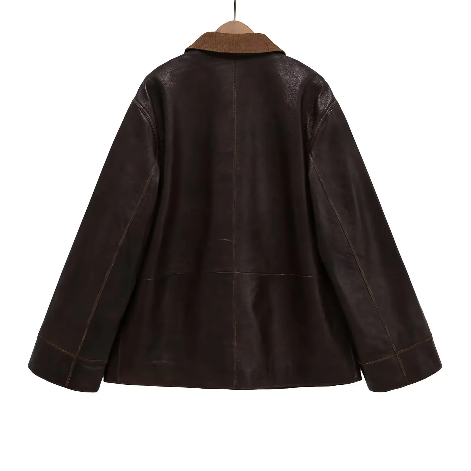 เสื้อแจ็คเก็ตหนังผู้หญิง KIDCRKJ สไตล์วินเทจ สีน้ำตาล ปกเสื้อแบบลาペル กระเป๋าใหญ่ เสื้อโค้ทผู้หญิง สไตล์อินสตาแกรม เสื้อคลุมผู้หญิงทันสมัย