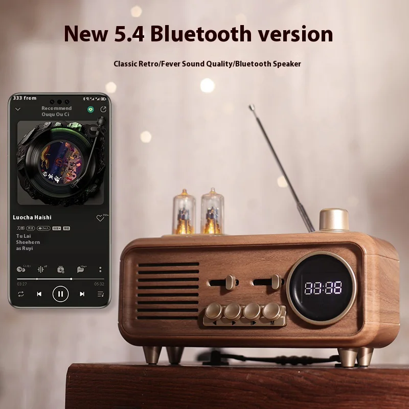 2025 مكبر صوت راديو ريترو خشب الجوز خمر الروتاري راديو Fm مصباح ليد مشغل موسيقى أنيق