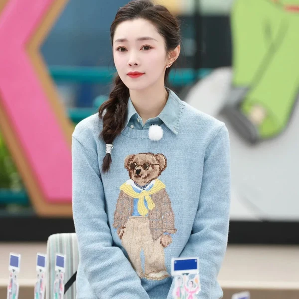 

Briti Sle Loose Fit Long Sve round Ne Knitted Pure Cotton Cartoon Bear Embroidery Sweater for Women Autumn Winter