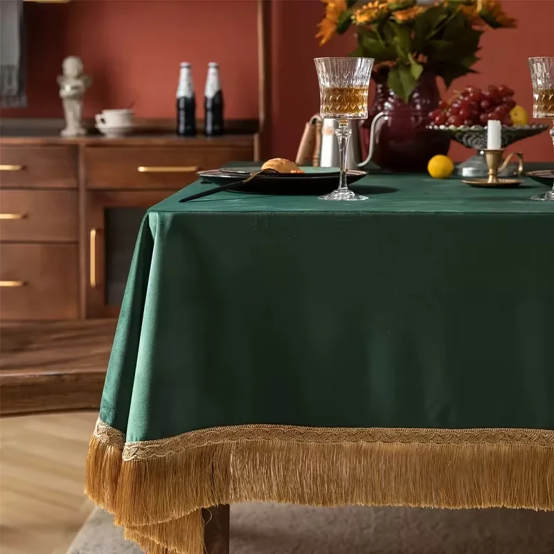 1pc Dark Green Velvet Tablecloth with Gold Tassel, Solid Table Cover for Dining Table Wedding Party Home Decor