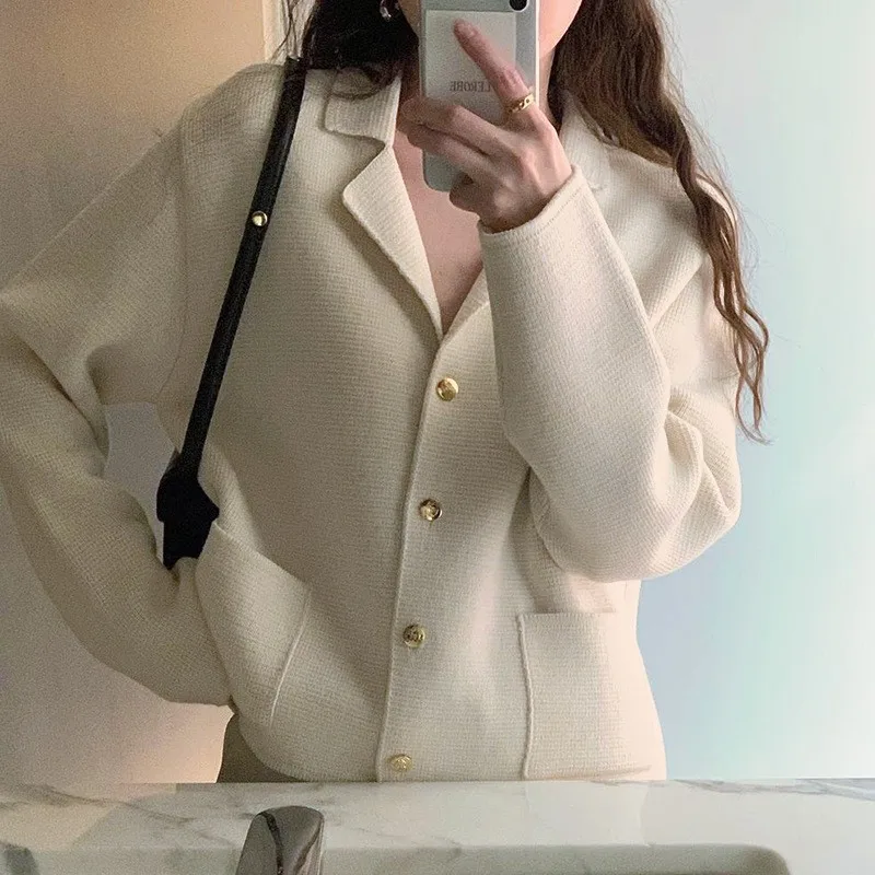 الكورية الحد الأدنى نمط دعوى طوق سترة مشغولة من الصوف الخريف الملابس النسائية تصميم جديد الشعور سترة أنيقة سترة بالأزرار #3