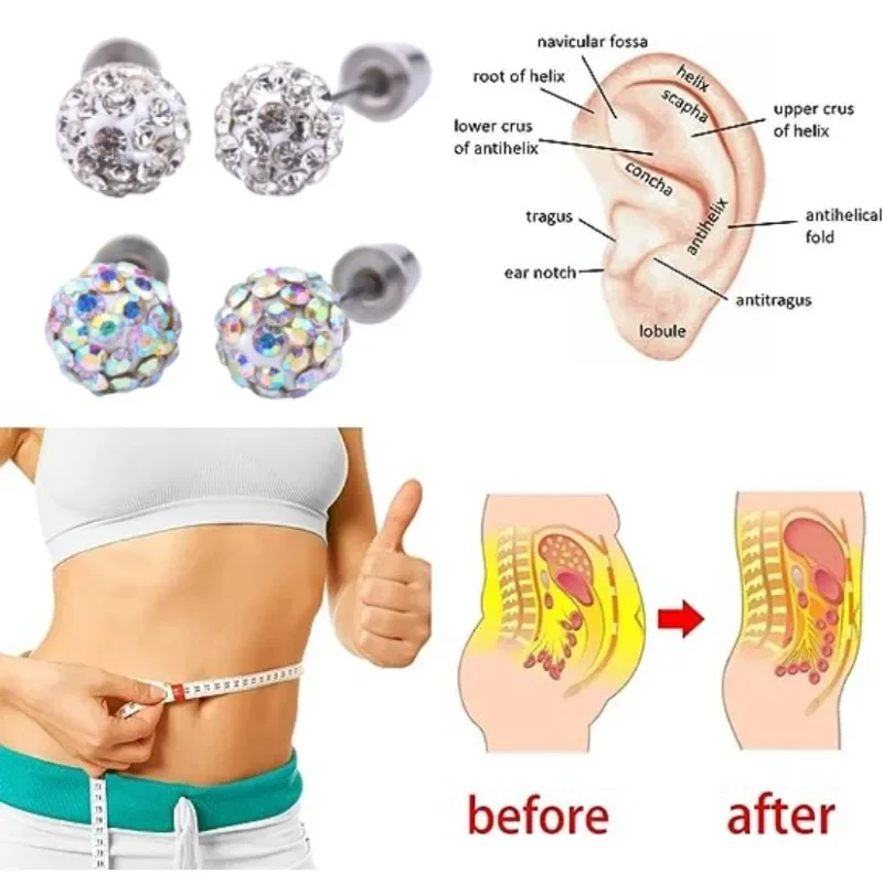 Crystal Lymphatic Drainage Spherical Stainless Steel Ear Bone Studs for Women Acupuncture Points Weight Loss Slimming Jewelry