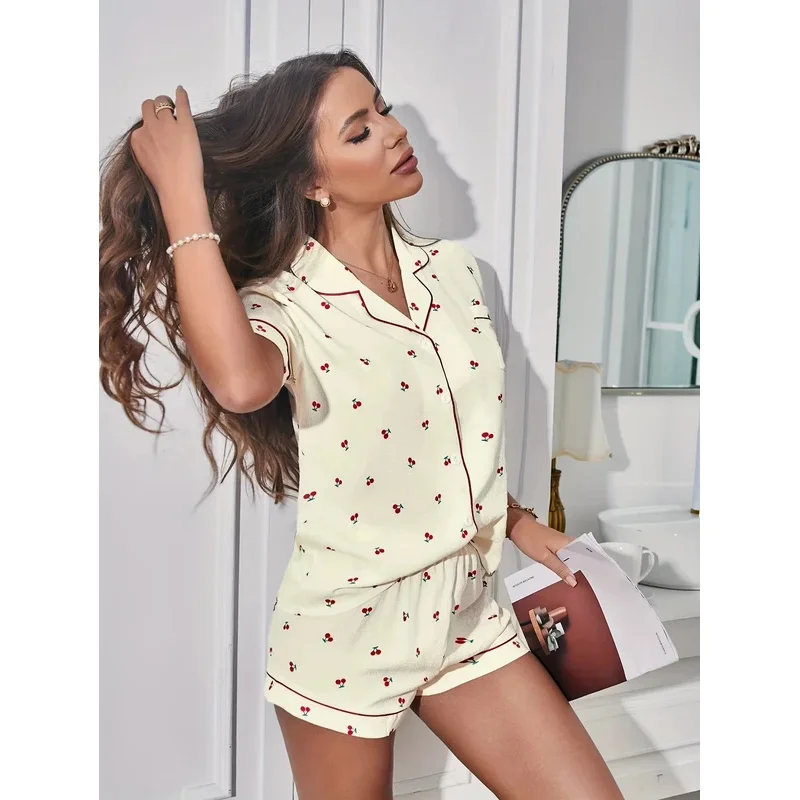 Cherry Print Textured Pajama Set Cute Short Sleeve Buttons Lapel Top & Elastic Shorts Women's Sleepwear