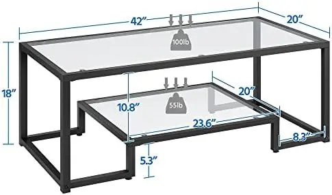 

Coffee Table, Tempered Glass Coffee Table, Modern Simple Center Table w/Geometric-Inspired Design & Metal-Frame & Easy A