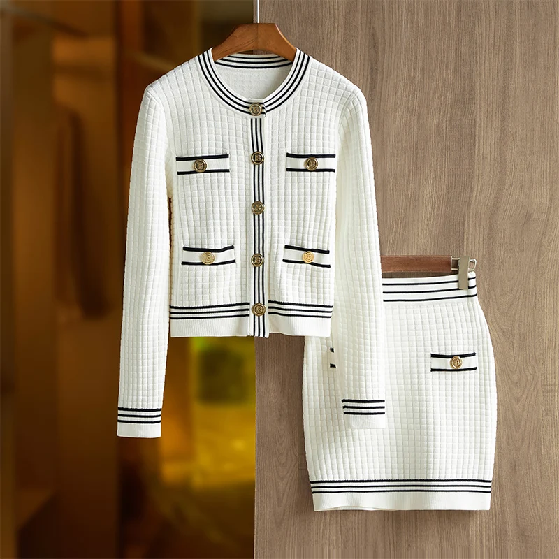 O Neck  Autumn New Knitted Sweater Black White Mini Two Piece Women Set Elegant Buttons Stretch Female Outfit