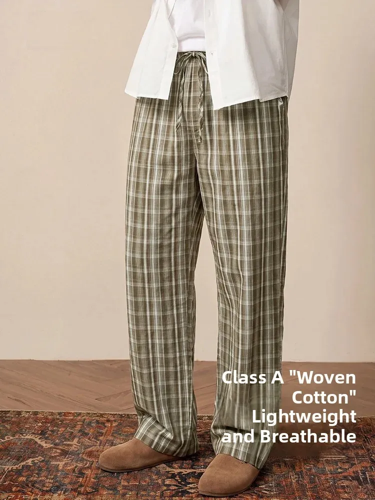 pure-cotton-woven-sleepwear-drawstring-men's-casual-vintage-pants-home-clothes-youth-summer-lightweight-breathable-trousers