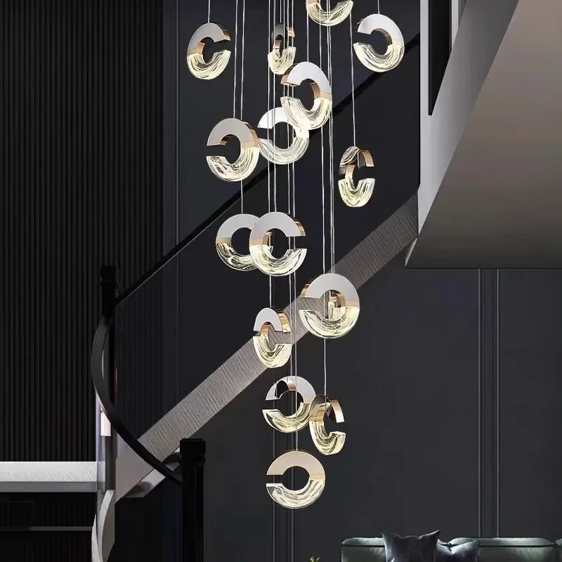 

Light luxury crystal chandelier modern simple duplex loft apartment villa living room rotating high staircase long chandelier