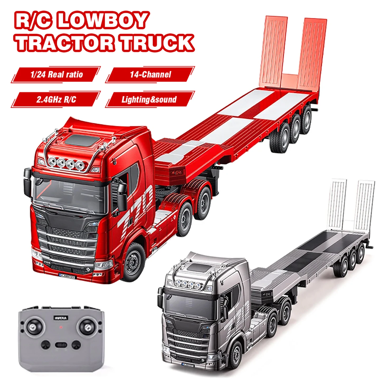 HUINA 1302A 1/24 RC Platform Trailer Truck 14 CH 2.4GHz Alloy Cab 270 Rotation with Flatbed Semi Trailer for Adult Birthday Gift