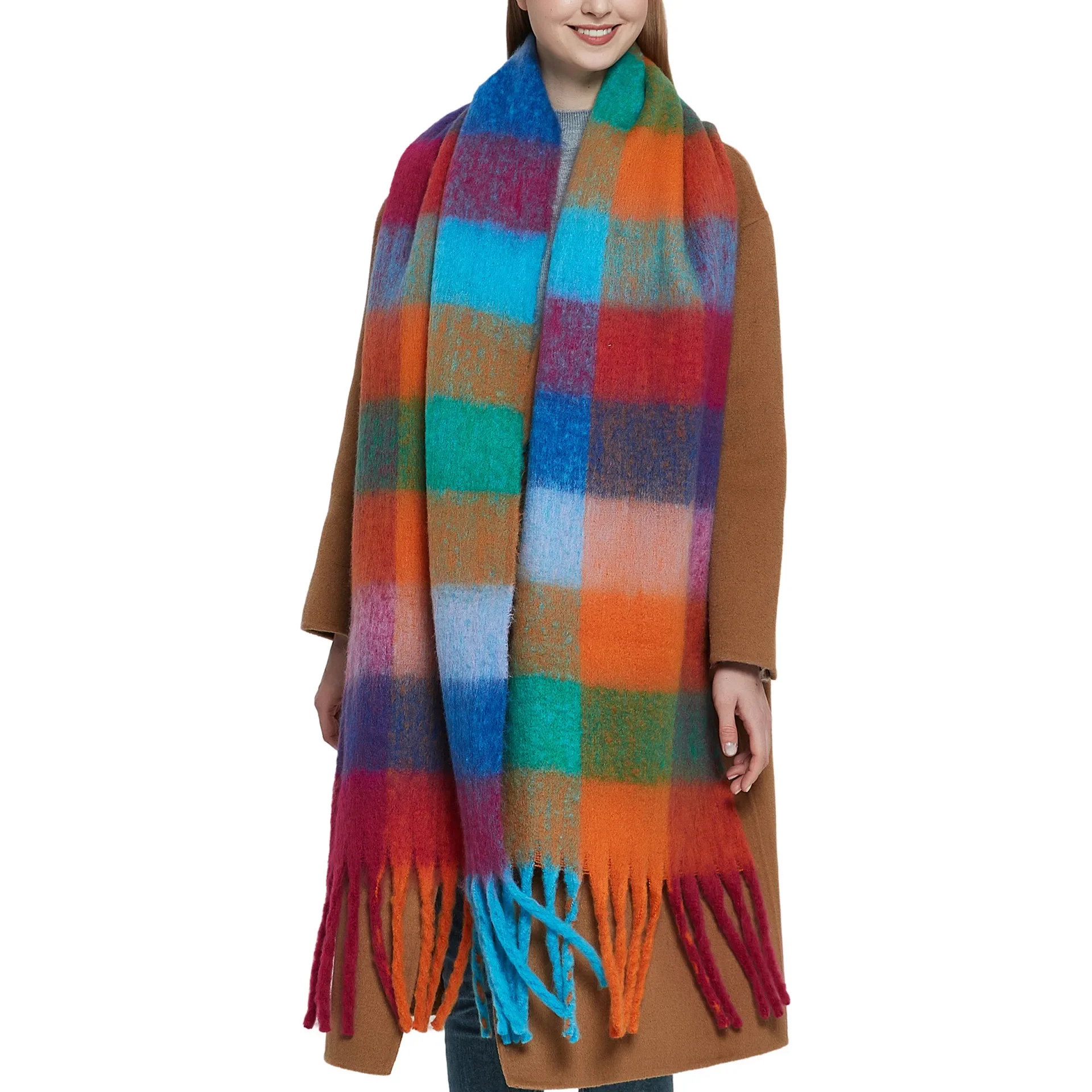 Autumn and Winter Thickened Women's Shawl Imitation Mohair Colorful Plaid Scarf with Tassels Soft European Style Scarf