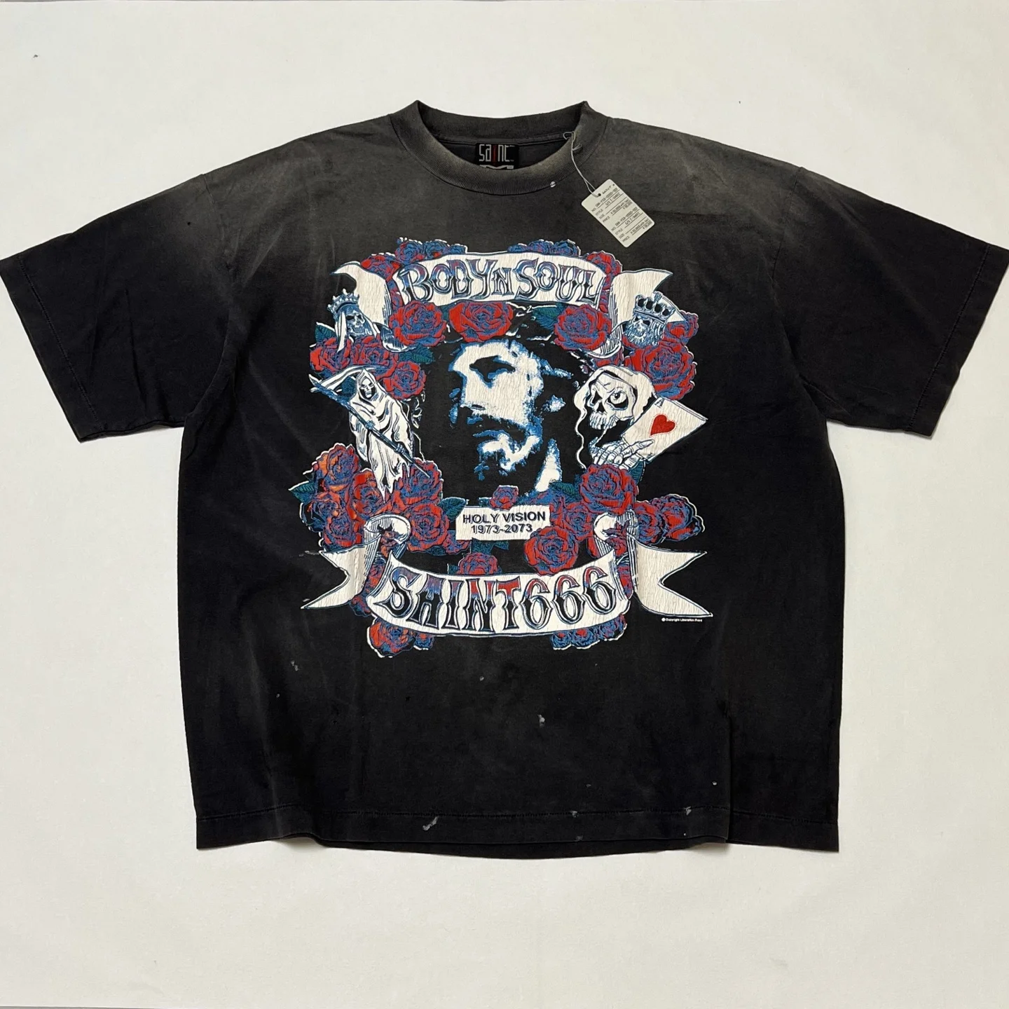 

Washed SAINT 666 BODYN SOUL SS Vintage T Shirt Men Women Oversize Tee Tops T-Shirt
