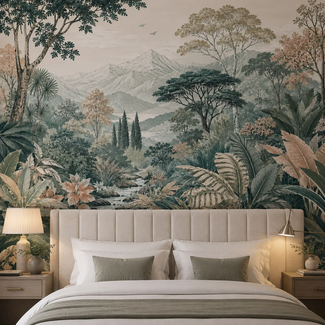Vintage Tropical Mountain Wall Mural Wallpaper Sage Green Botanical Forest Palm Leaves Living Room Bedroom Non Self Adhesive