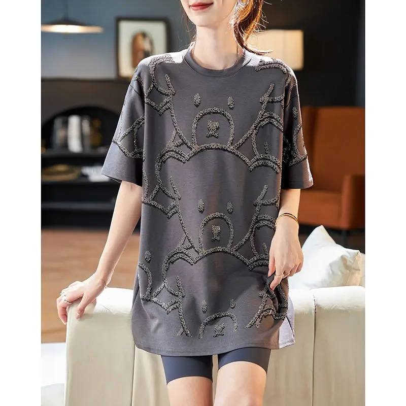 

Large Sized Women's Clothing Pure Cotton Hot Stamping Short Sleeve T-shirt for Women Summer Casual Loose Slimming Mid Length Top