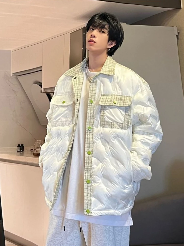 ​American Retro Patchwork Cotton Jacket for Men Thickened Winter Coat with Streetwear Hiphop Style Casual Oversized Layering​