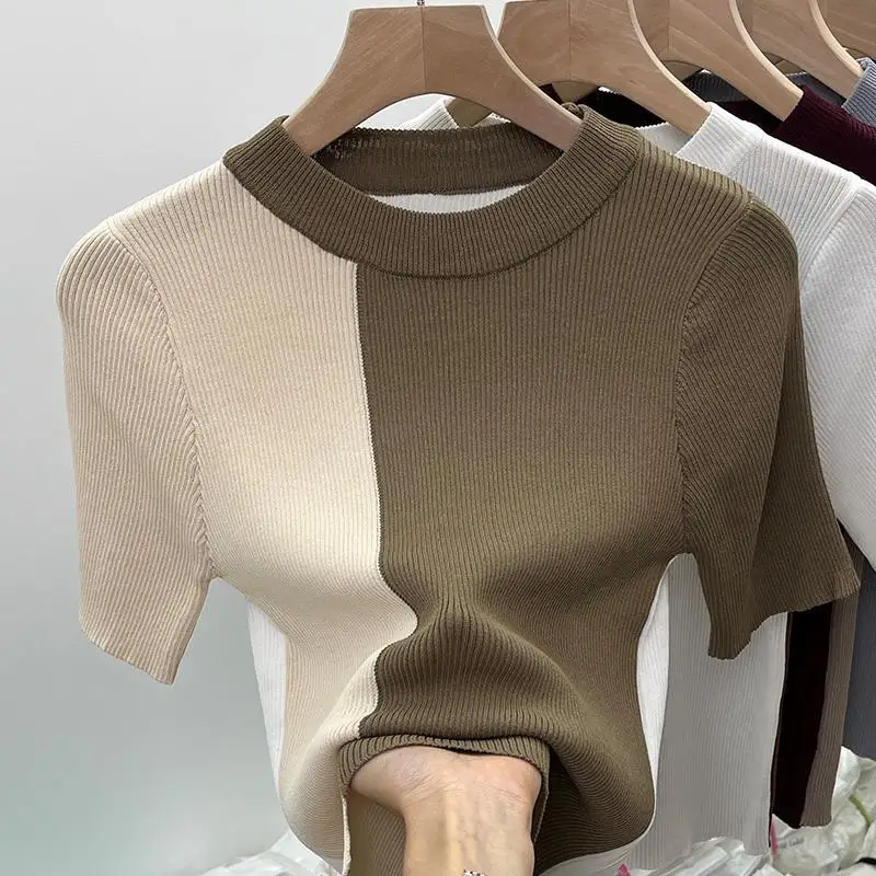 

Women's Spring and Autumn Pure Desire American Retro Sweet Spicy Girl Color Block Ice Silk Knitted Short Sleeved T-shirt Tops