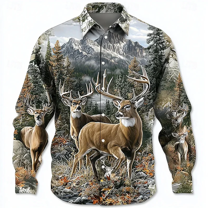 

Men's Reindeer Nature Forest Shirt Vintage Outdoor Spring Autumn Lapel 3D Printed Lapel Shirt Blue Light Gray Grey Light Blue