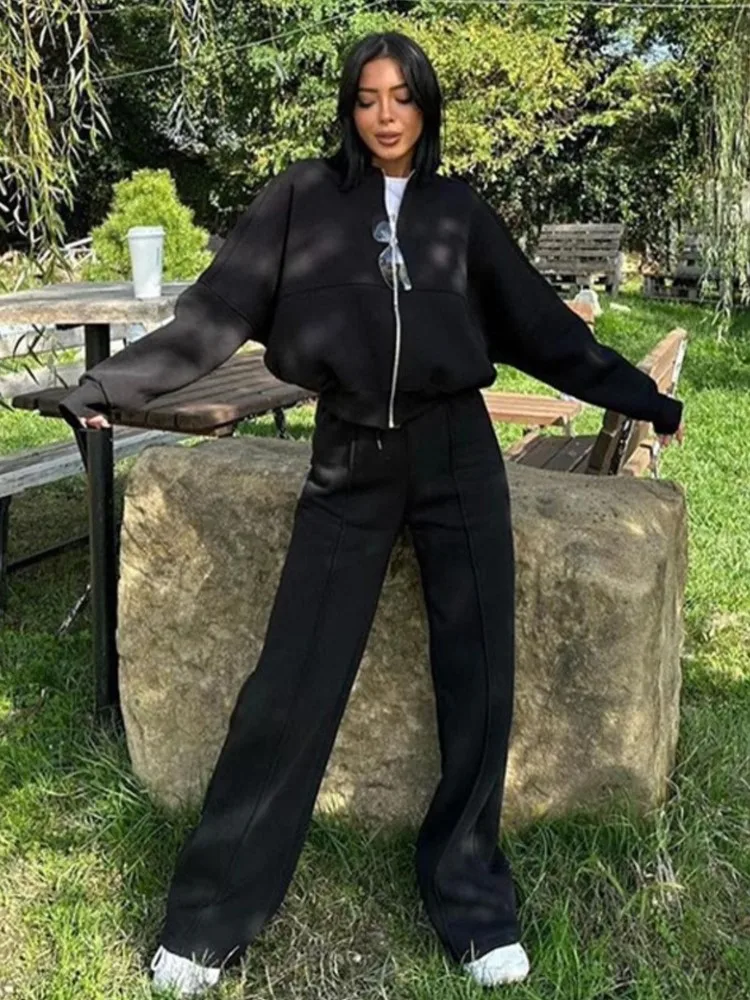 Frauen Sweatsuit Set Vintage Oansatz Zipper Bomber Jacken Hohe Taille Lose Hosen Anzug Weiblichen Frühjahr Neue Mode Dame Sportswear
