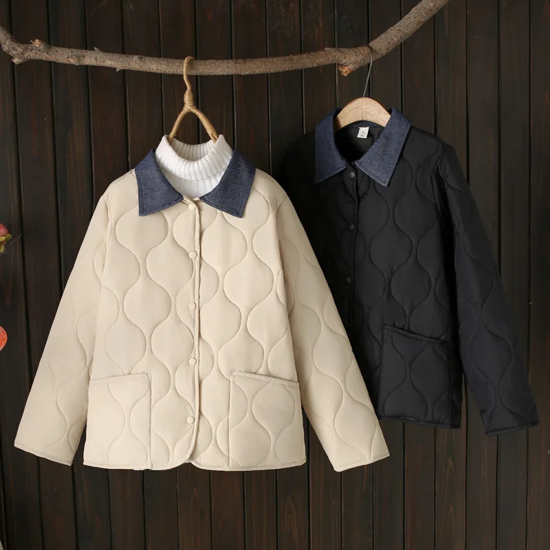 XL XXL Women Parka Autumn Winter Thin Gourd Shaped Quilted Denim Color Contrast Lapel cotton-padded Coat 639