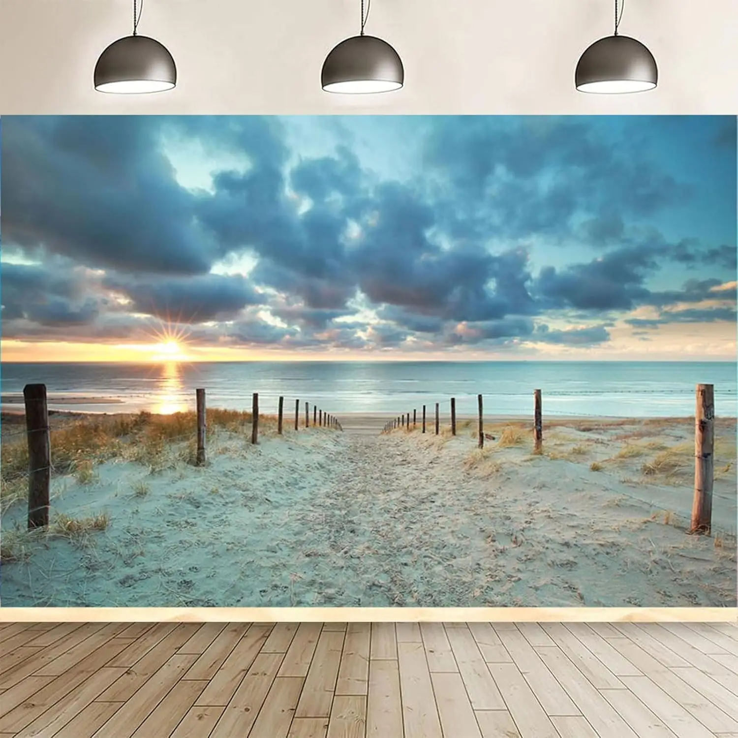 Wandteppich „Sunset Beach Path“, realistischer Ozean, Meer, Sanddünen, malerische Landschaft, Druck, Wandbehang für Schlafzimmer, Wohnzimmer, Wohnheim, Büro