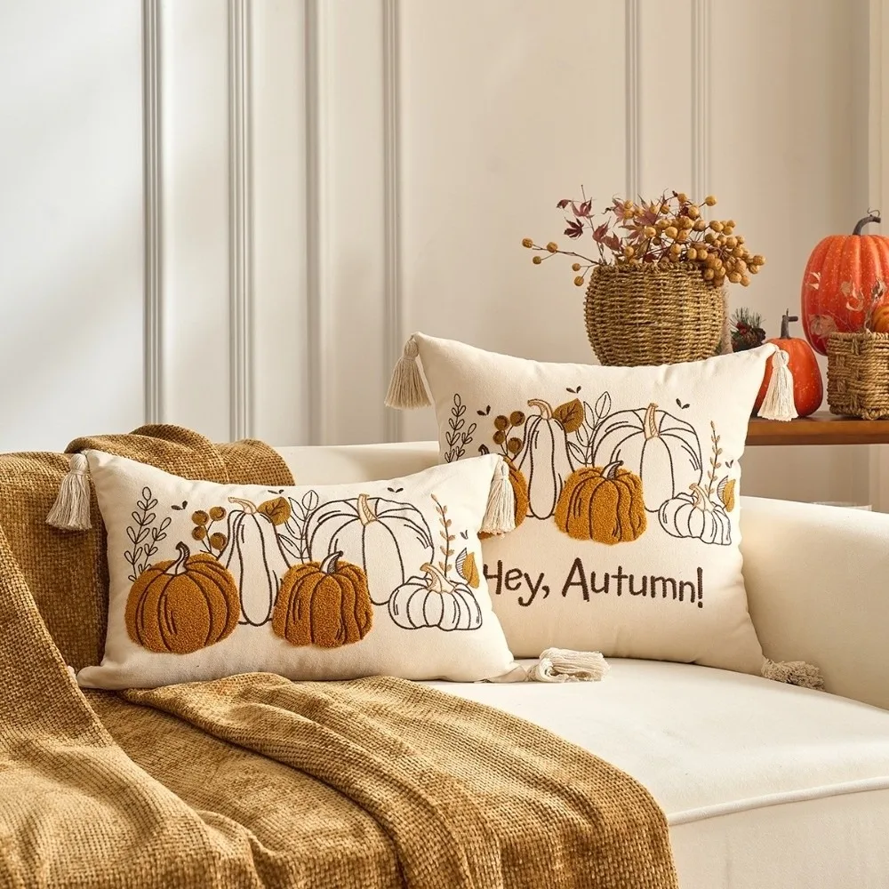 New Pumpkin Tufted Throw Pillow Cover Rustic Style Maple Leaves Autumn Pillowcase Soft Square Cushion Cover Fall Decor