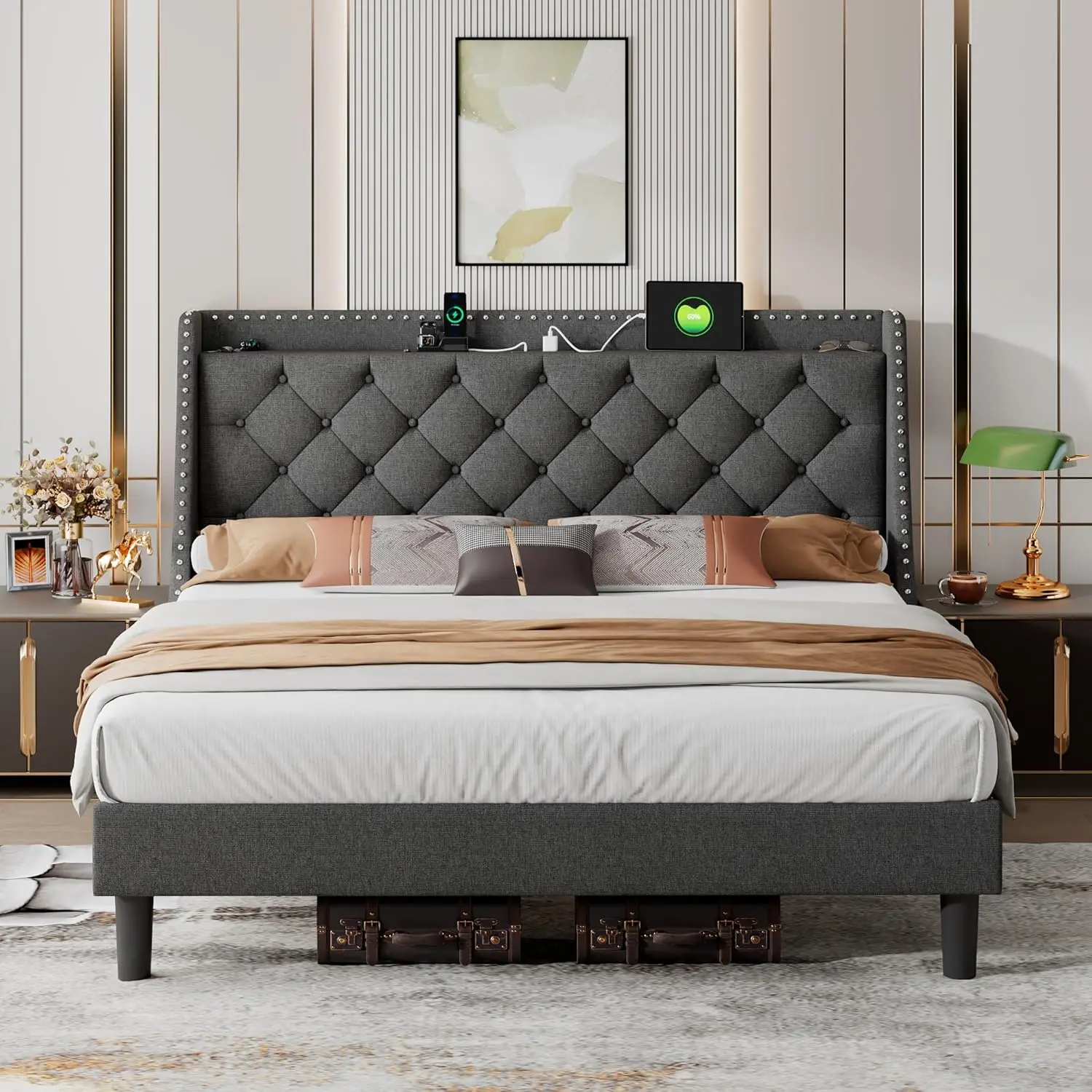 

USB & Type-C Ports, Upholstered Platform Beds with Button Tufted Storage Headboard, Solid Wood Slats Support