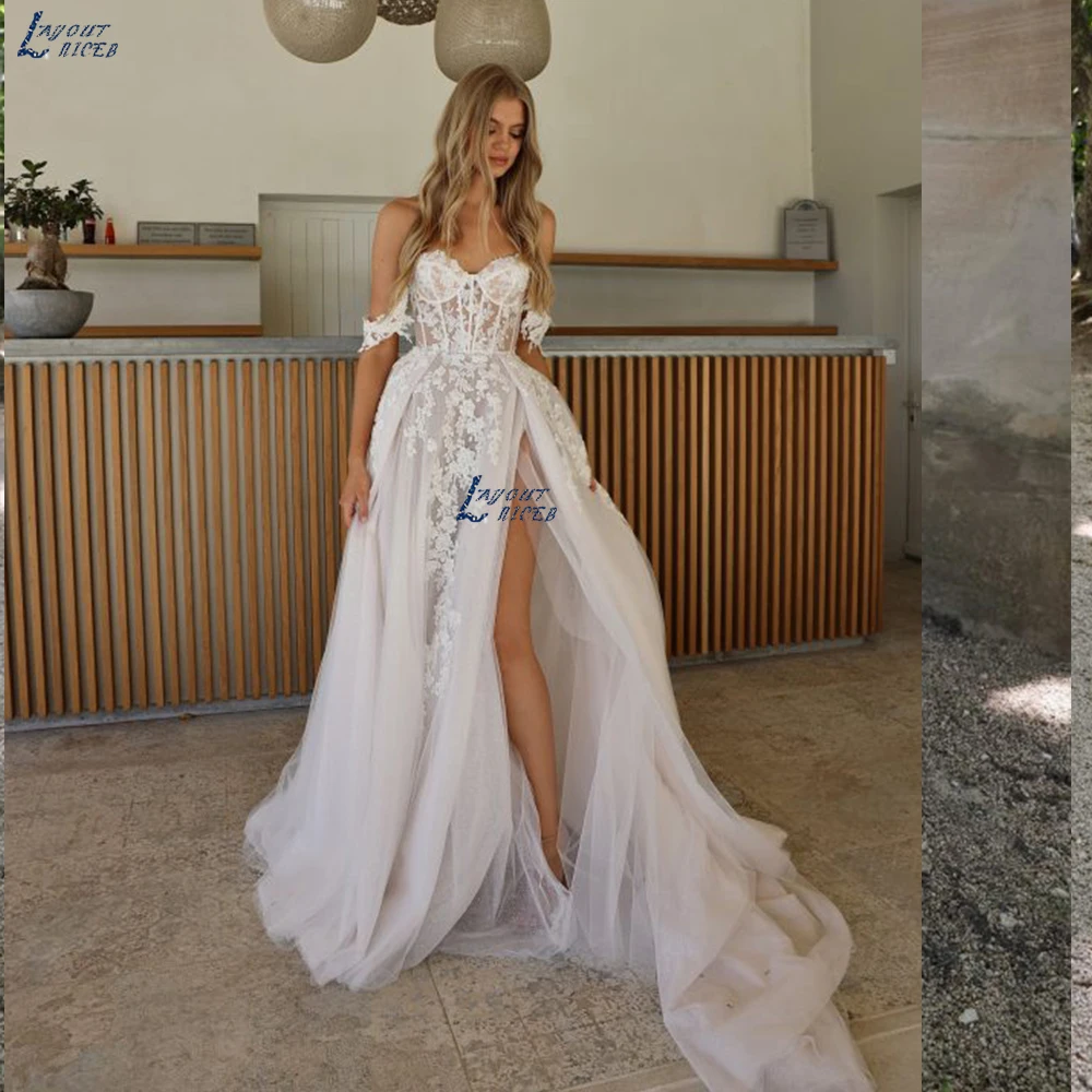 Boho plaża Off The Shoulder Lace A pplique 3d kwiat A ine suknie ślubne rozcięcia po bokach suknie Brdal formalne 2023 Rode De Morrie