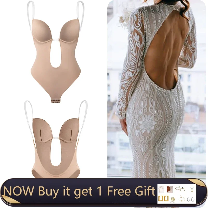 

Bodysuit Shapewear Deep V-Neck Body Shaper Backless U Plunge Thong Shapers Waist Trainer Women Clear Strap Padded Push Up Corset