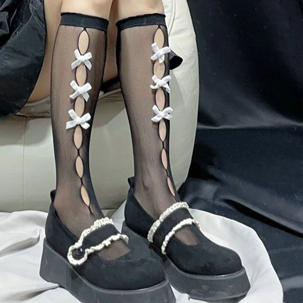 Sweet Lolita Girl Bow Hollow Stockings Japanese Fishing Net Fashionable Lace Knee Length Stockings with Bow Thin Stockings