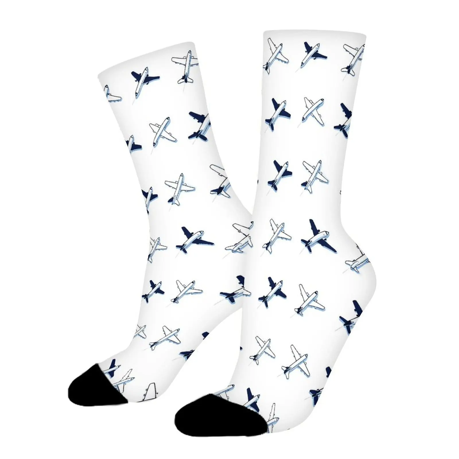 A Pair of Unisex Outdoor Socks Featuring an Airplane Design Festive Printed Mid-Calf Socks Machine Washable Suitable for Sports
