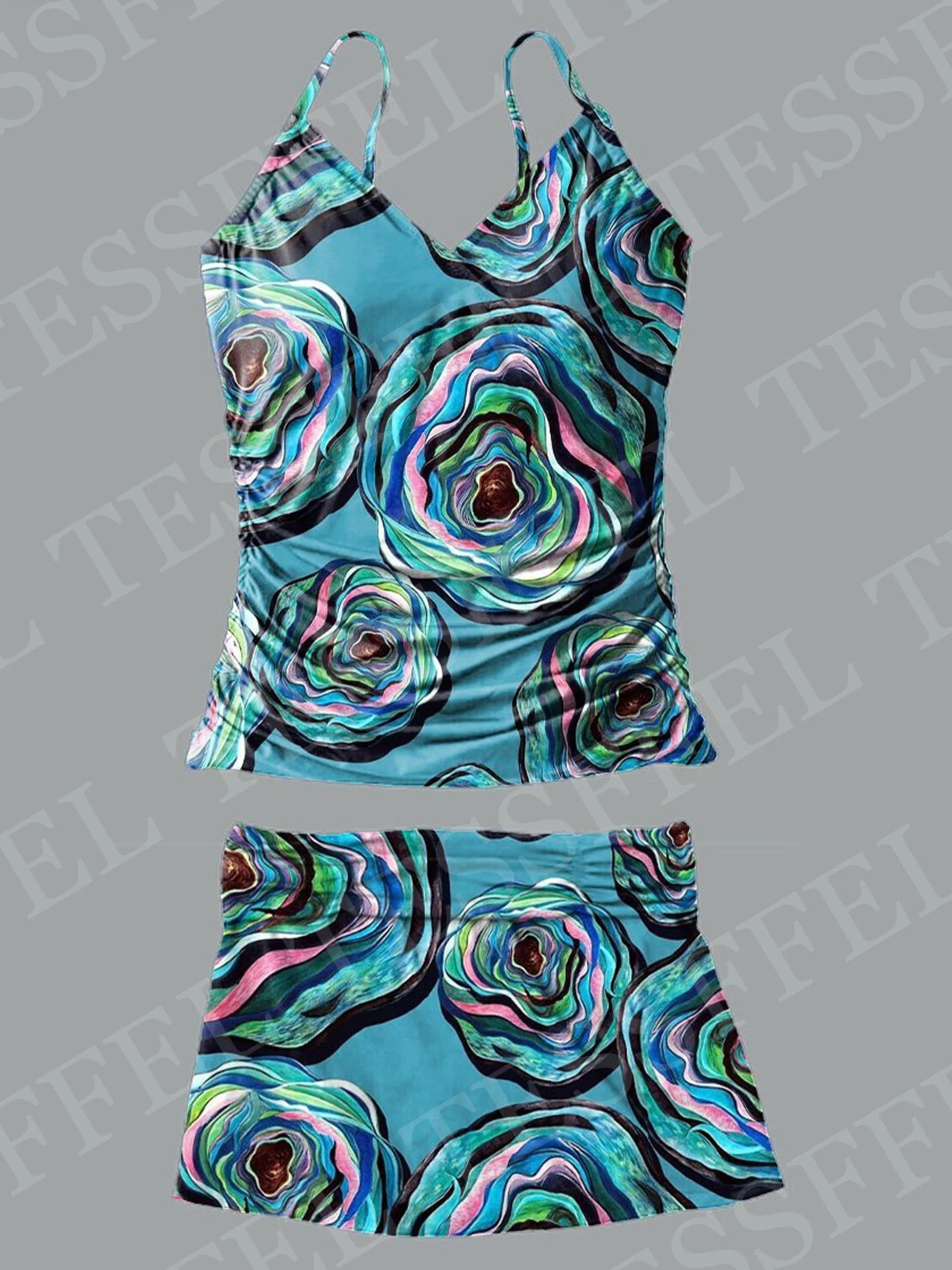 NewFashion Harajuku Vintage Retro floral Casual Tankini frauen V-ausschnitt Sommer 3DPrint Hosenträger Rock Zwei-Stück Strand Badeanzug O