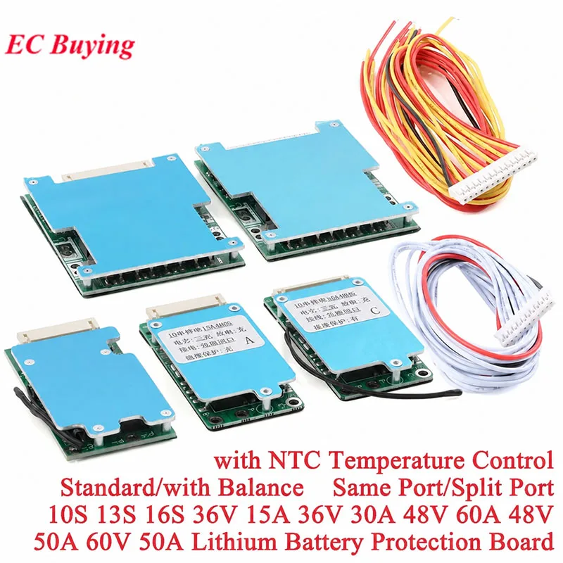 10S 13S 16S 36V 15A 30A 48V 60A 50A 60V Lithium Battery Protection Board BMS Same Split Port with Balance Electric Vehicle NTC