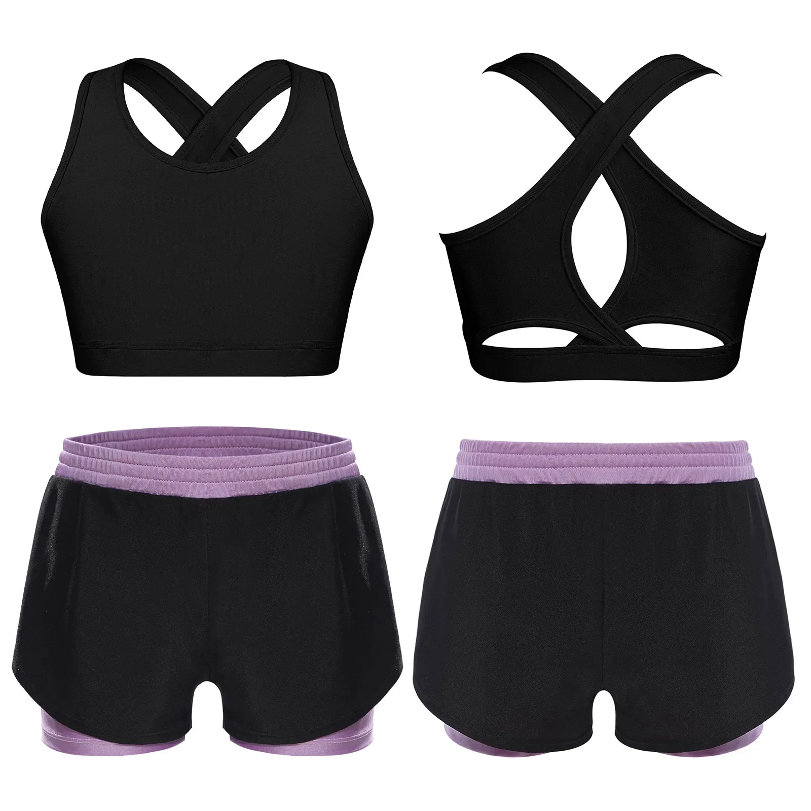 

Kids Girls Yoga Sports Set Sleeveless Vest with Double-Layer Contrasting Shorts for Gym Dance Practice Running Training Costumes